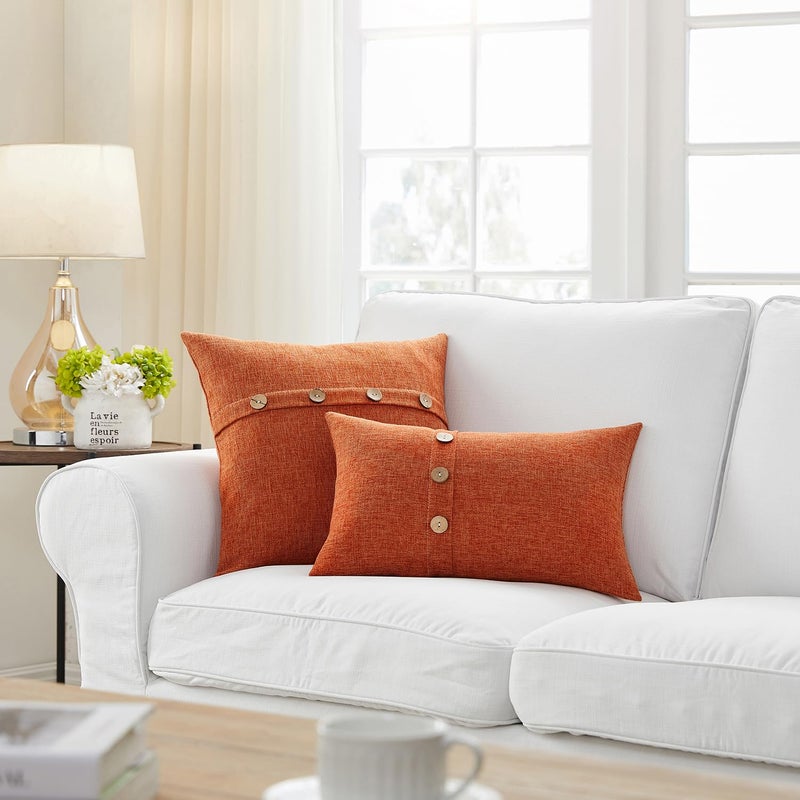 Meekio Set of 2 Fall Pillow Covers 20 x 20 Burnt Orange Pillow Covers with Coconut Buttons Fall Decorations for Home - Image 3